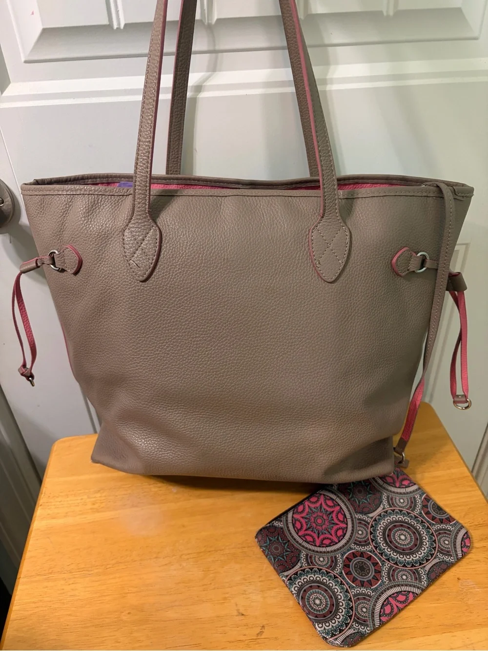Lodis Taupe Leather Tote with Pink Trim and Matching Wristlet